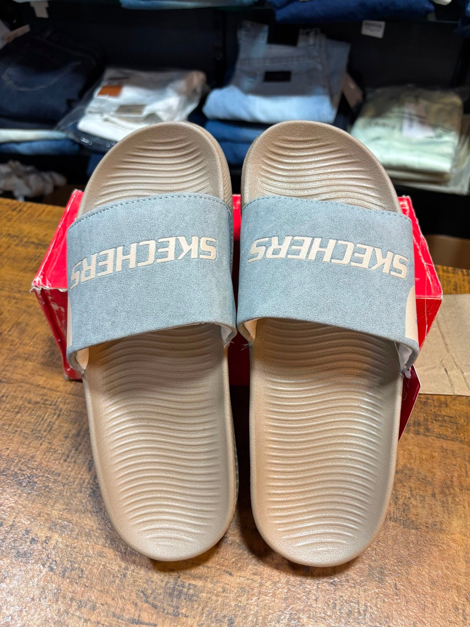 SKECHERS GREY BROWN SLIDES - Image 1